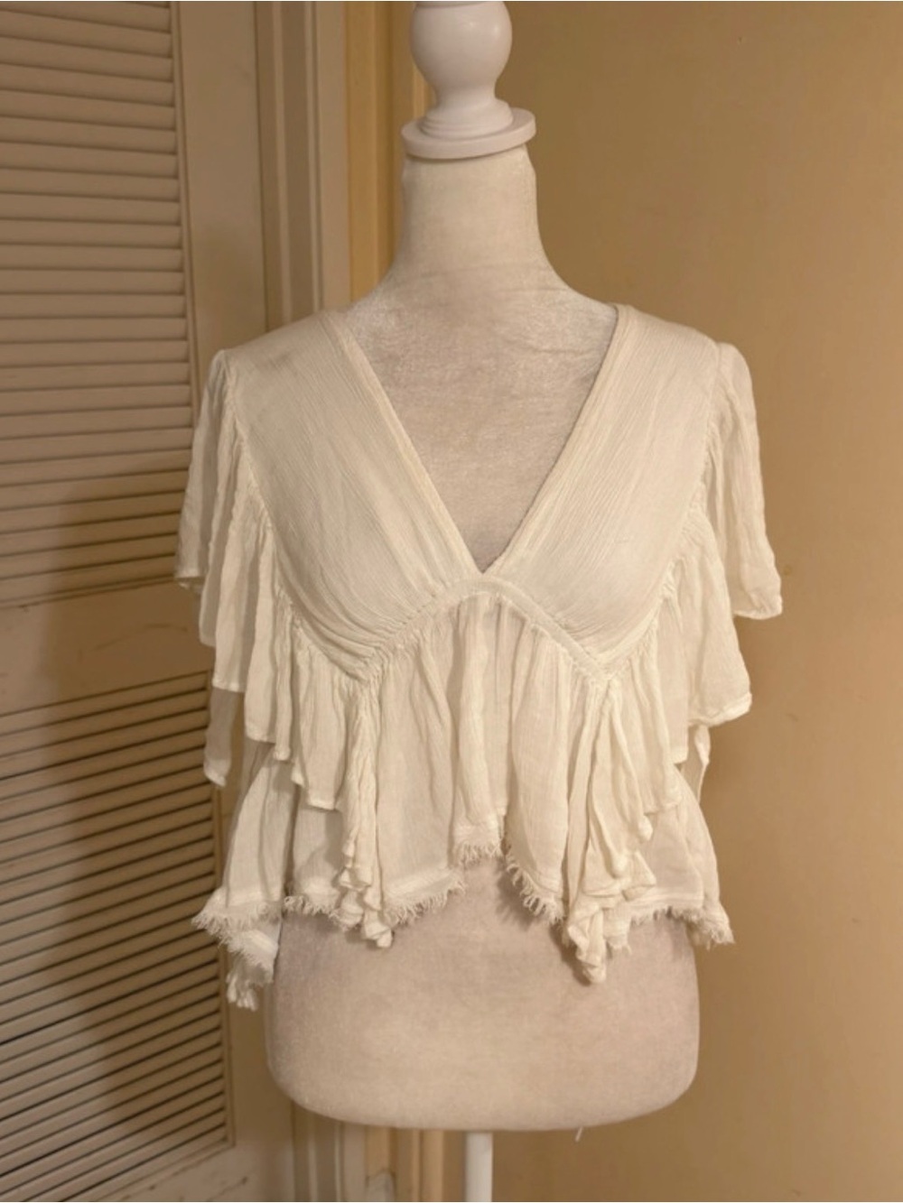 Free People Ivory Ruffled V-Neck Blouse